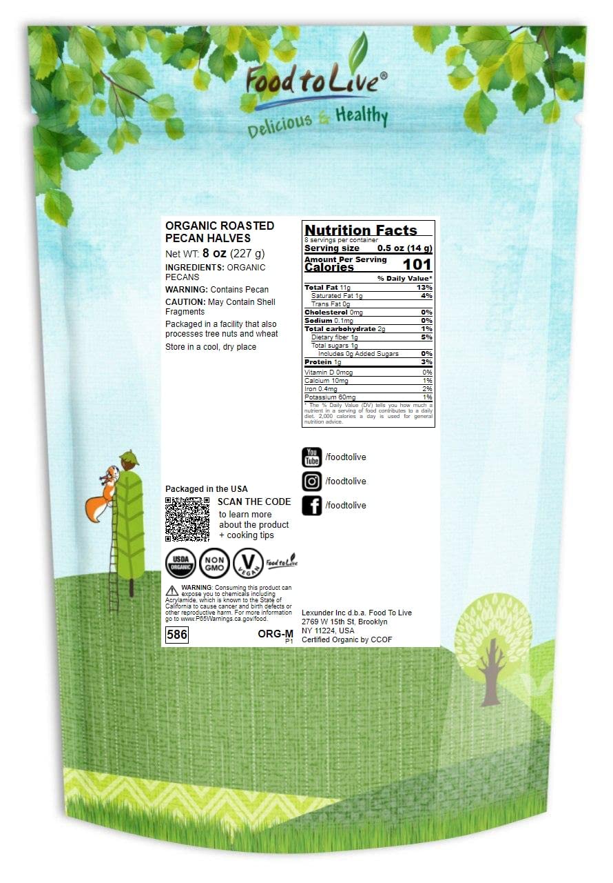 Food to Live Organic Dry Roasted Pecan Halves, 8 Ounces - Non-GMO, Unsalted Nuts, Oven Roasted, No Oil Added, Vegan, Kosher, Shelled, Bulk. Good
