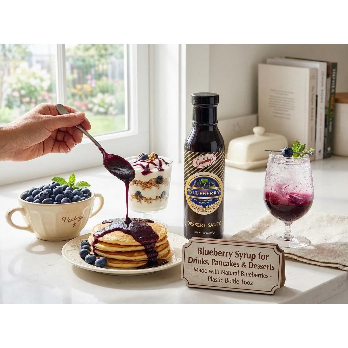 Cornaby’s Gourmet Blueberry Dessert Sauce | Blueberry Syrup for Drinks, Coffee & Pancakes - Plastic Bottle | Made with Natural Real Fruit, Pack of 1