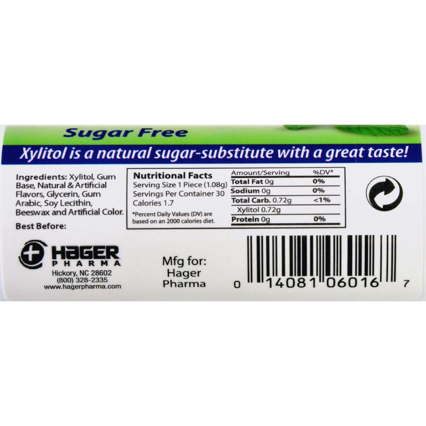 Hager Pharma Xylitol Chewing Gum - Spearmint - 30 ct - Case of 6