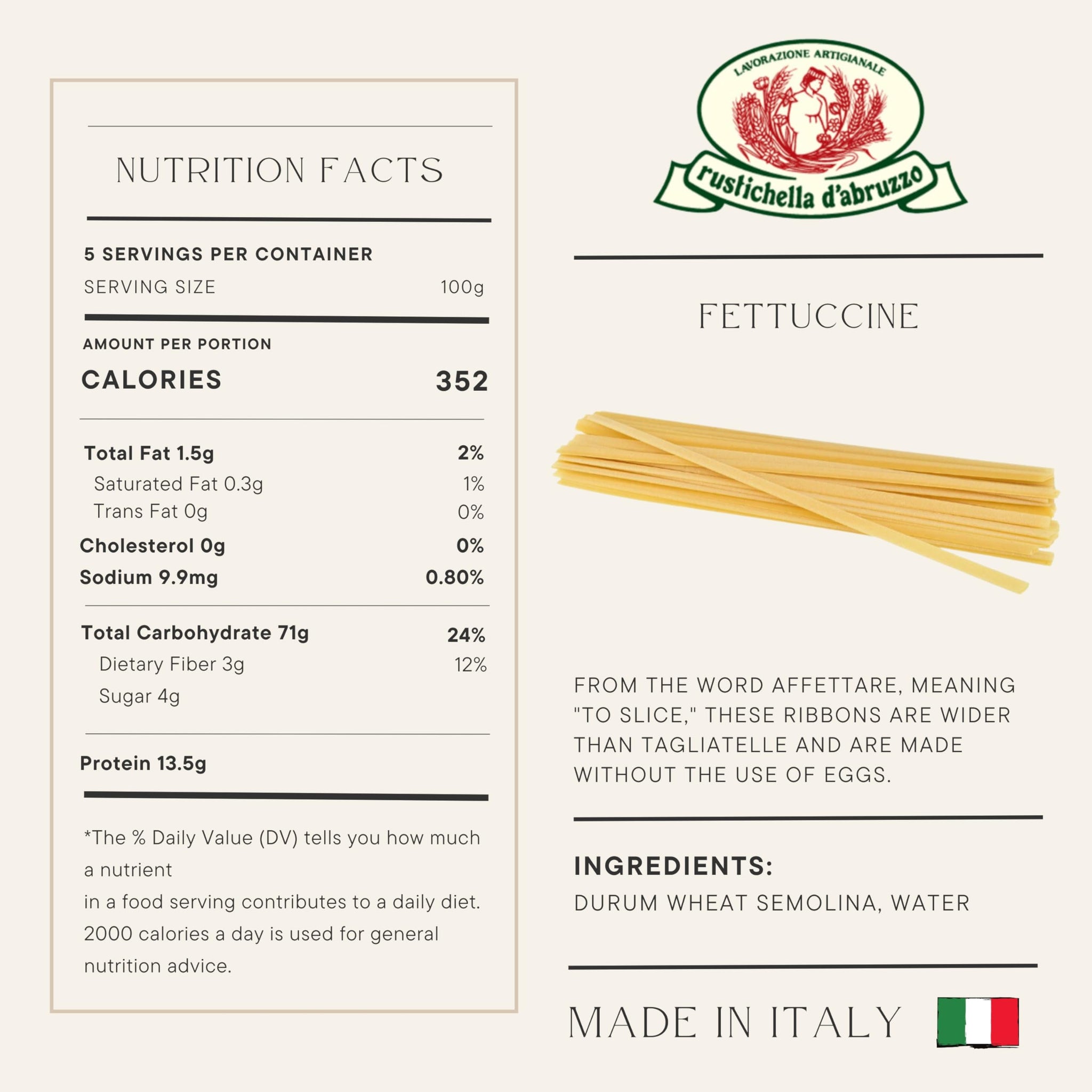 Rustichella d'Abruzzo Fettuccine (Pack of 3), 500g Each - Egg-Free Wide Ribbon Pasta - Perfect for Sauces - Cooks in 11-13 Minutes - Traditional