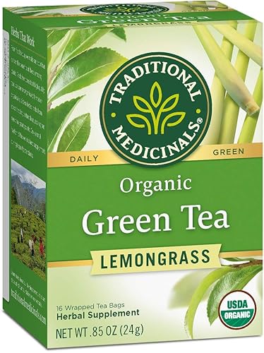 Traditional Medicinals Organic Green Tea Lemongrass Herbal Tea, Health Support, (Pack of 2) - 32 Tea Bags Total