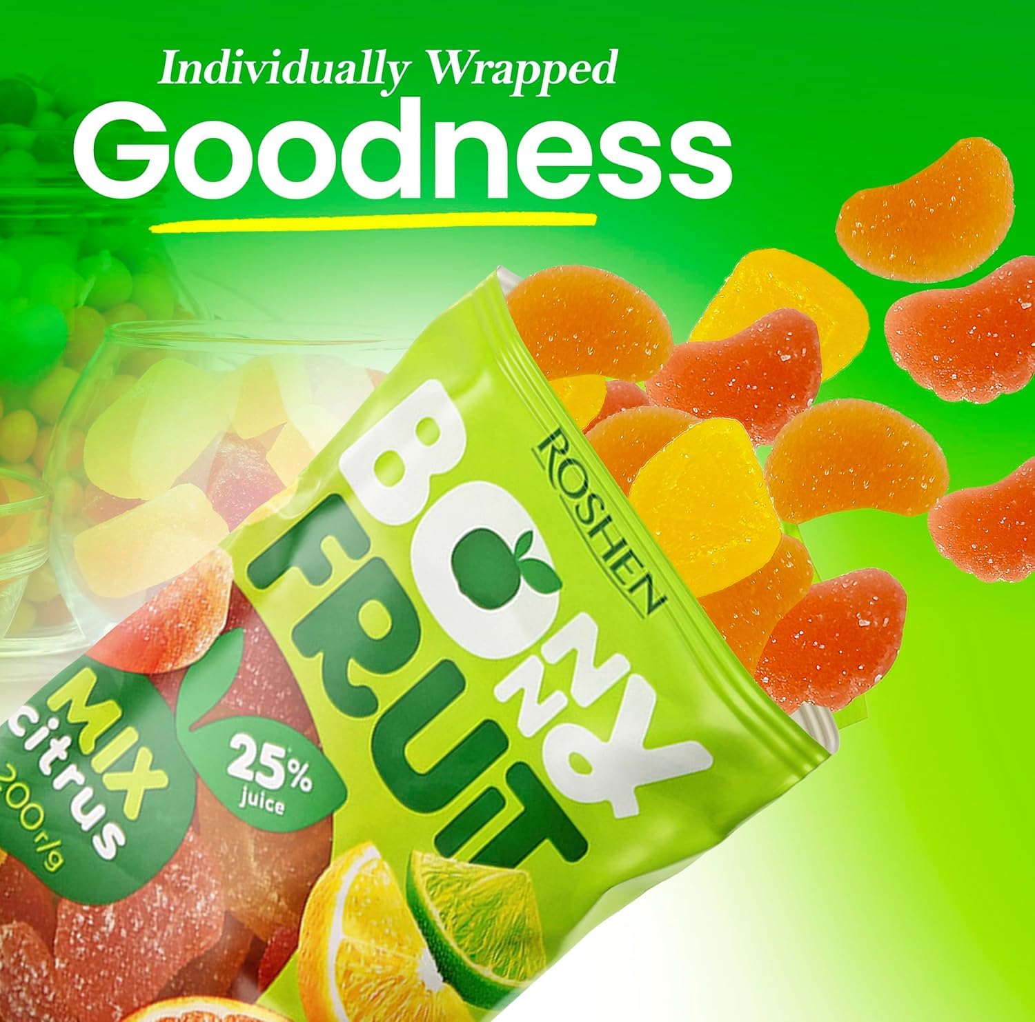 Roshen Bonny Fruit Jelly Candy, Citrus Mix, 7.05 oz (200g) - Soft Chewy Fruit Jelly Candies with Natural Pectin, Sugar Coated Citrusy Flavored Candy