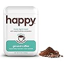 happy coffee light roast ground coffee, 12 oz., notes of cashew & elation, recyclable container, grown & harvested in Colombia, Brazil & Guatemala