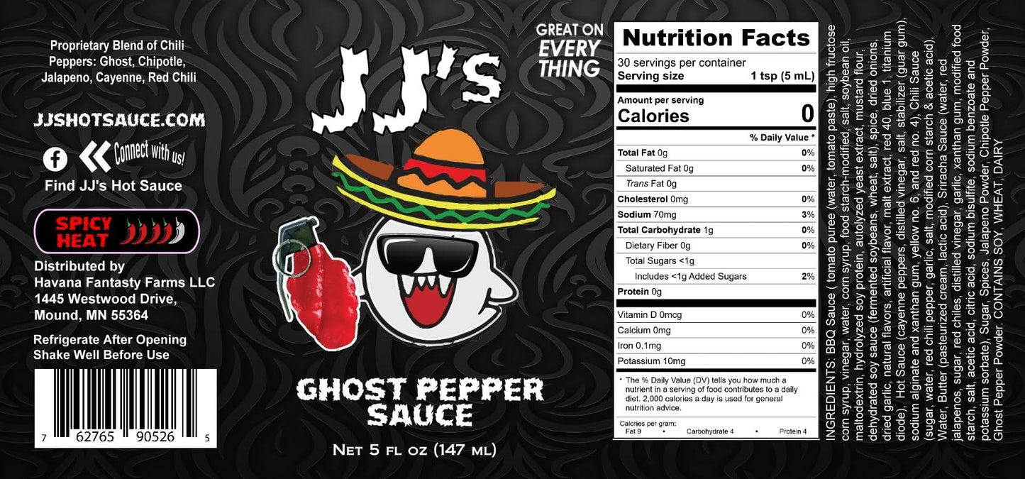 JJ's Ghost Pepper Hot Sauce, 5 oz, Spicy Sauce for Tacos, Wings, Seafood and More - Made in USA - 3 pack