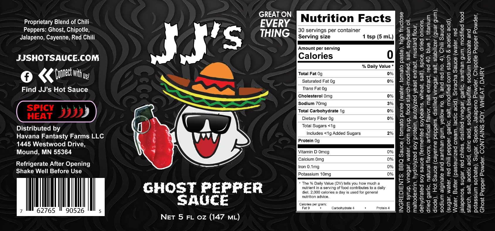 JJ's Ghost Pepper Hot Sauce, 5 oz, Spicy Sauce for Tacos, Wings, Seafood and More - Made in USA - 3 pack