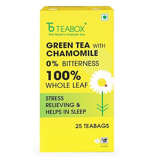 Teabox Premium Darjeeling Green Tea With Chamomile Flowers | 100% Whole Leaf & 0% Bitterness | Green Tea From The Himalayas | 25 Tea Bags (Low
