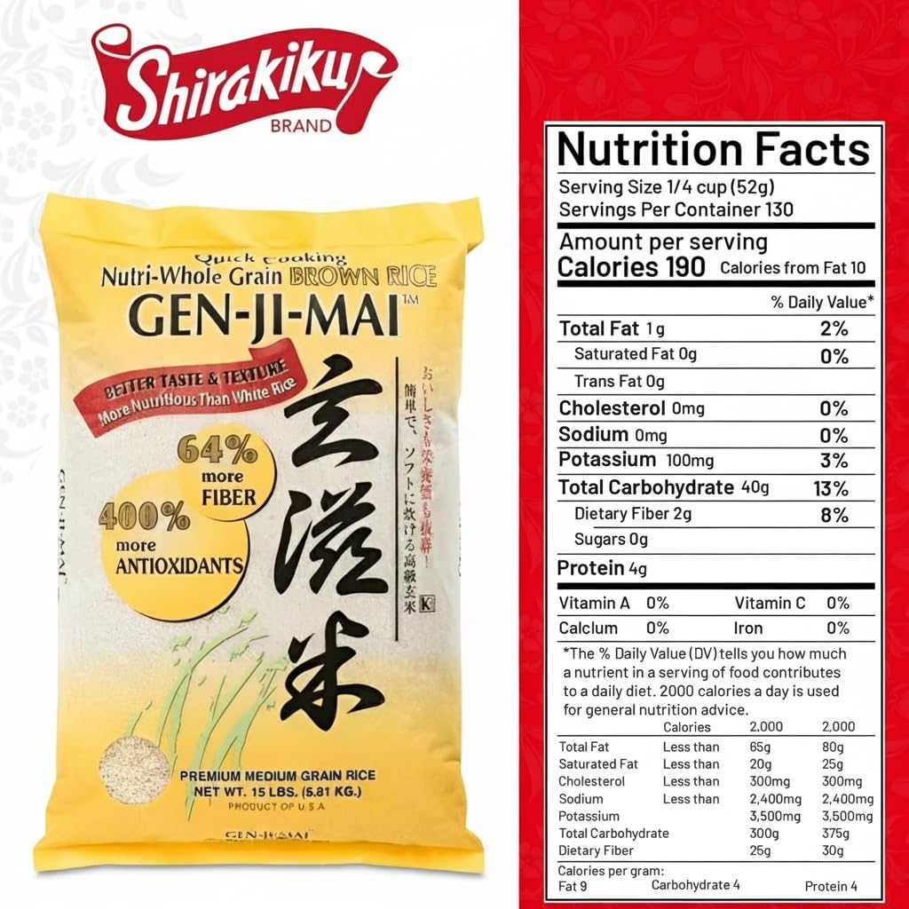 Gen-Ji-Mai Organic Medium Grain Brown Rice - Whole Grain Japanese Style Rice for Meal Prep, Low Carb and Balanced Meals - Vegan, Gluten-Free with more Fiber (15 lb Bag)