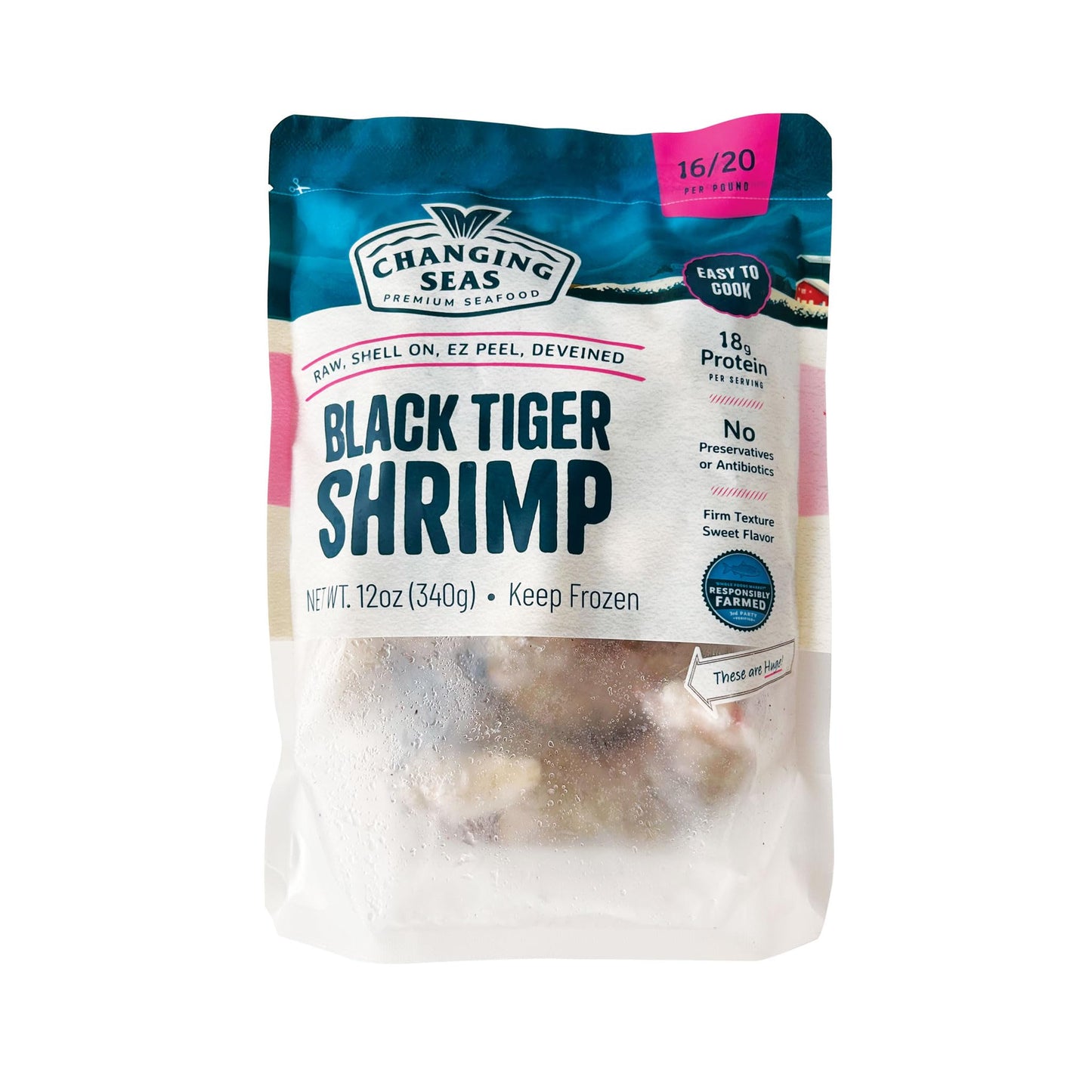 Changing Seas, Shrimp Black Tiger Ez 16/20 Frozen, 12 Ounce