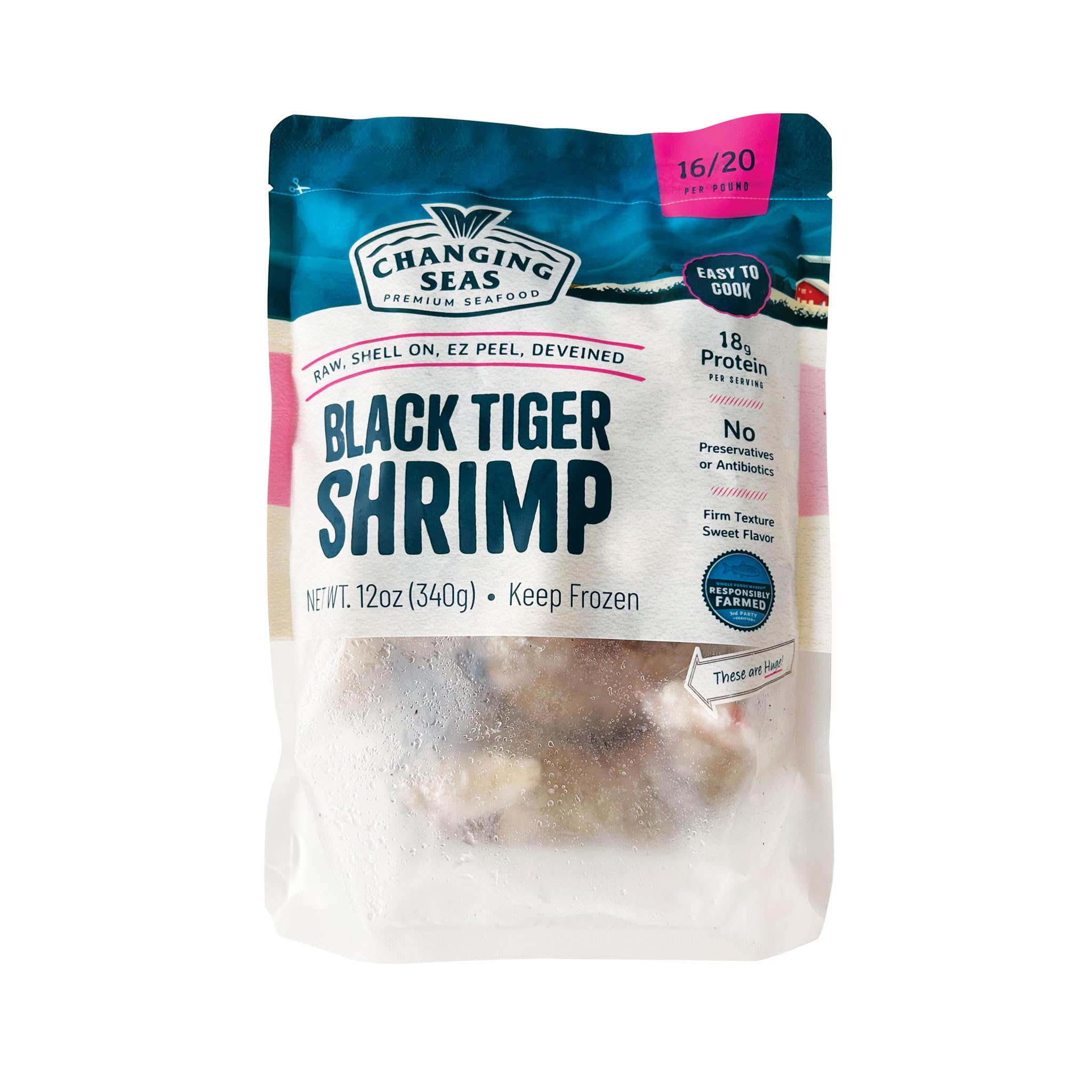 Changing Seas, Shrimp Black Tiger Ez 16/20 Frozen, 12 Ounce
