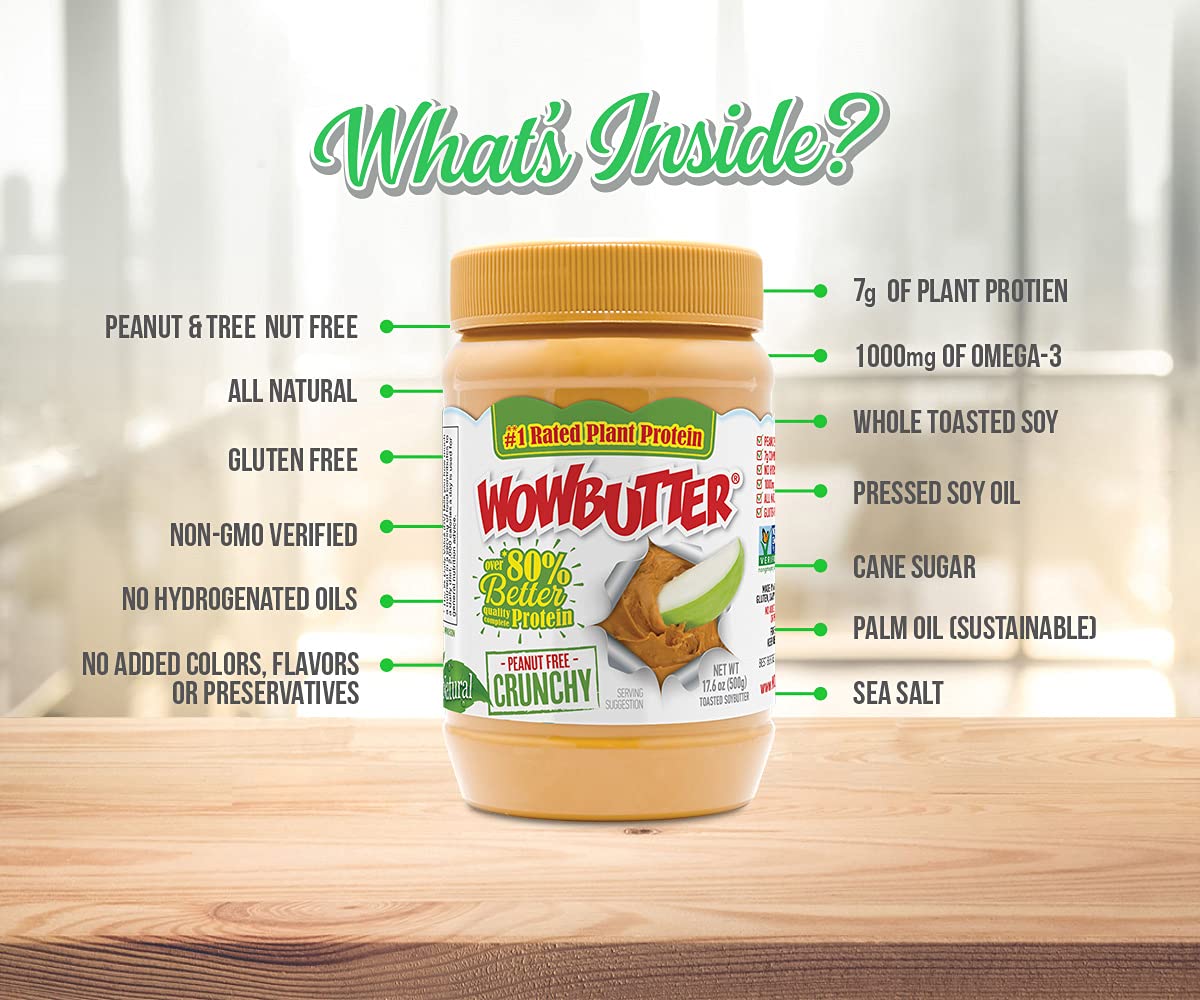 WOWBUTTER - Crunchy Soy Spread - Peanut Free, Tree Nut Free - Vegan Plant Protein - Gluten Free - Non-GMO - 1.1lb (Pack of 6)