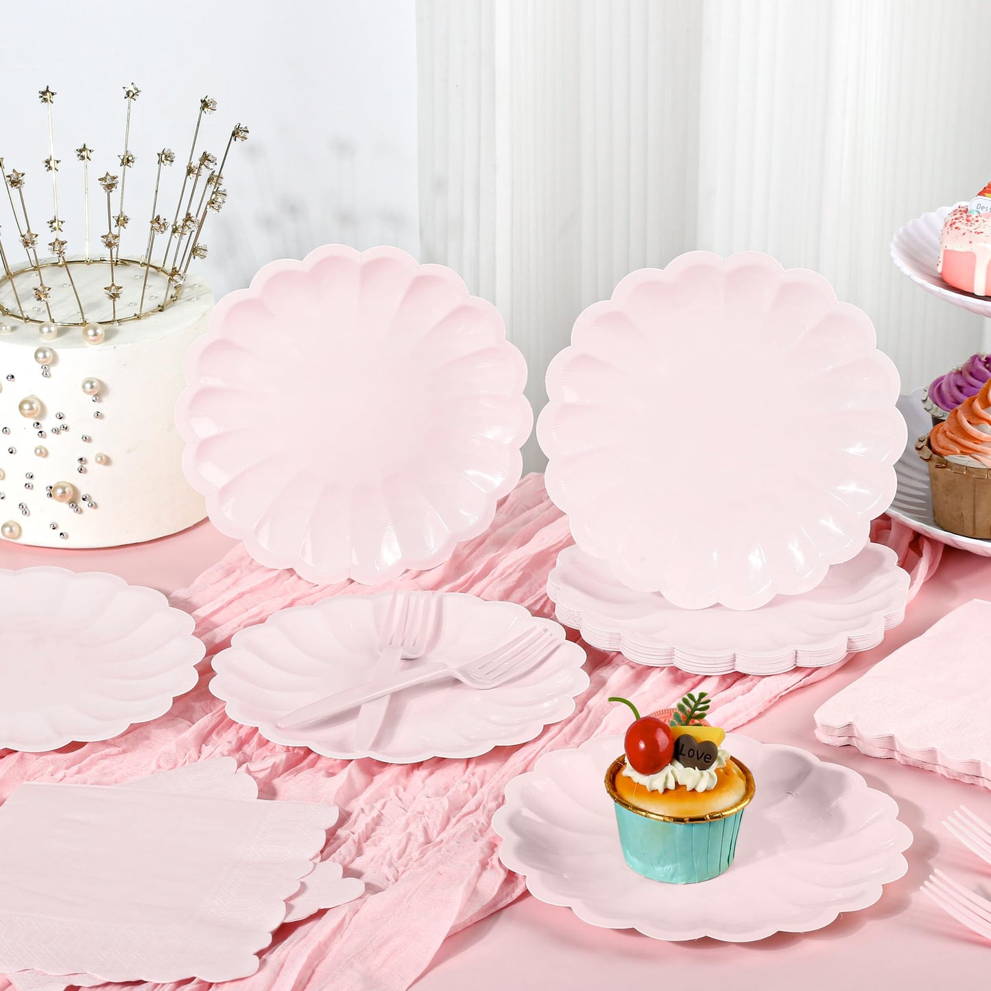 75 Pcs Pink Paper Plates and Napkins Disposable Tableware Set Include Light Pink Scalloped Plates with Shell Edge, Napkins & Forks for Mother's Day