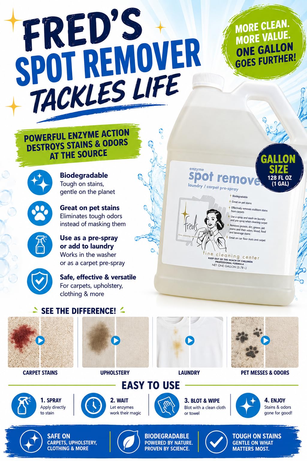 Fred's Ultra-Powered Enzyme Spot & Stain Remover for Carpet, Laundry, and More, Gallon Refill Size