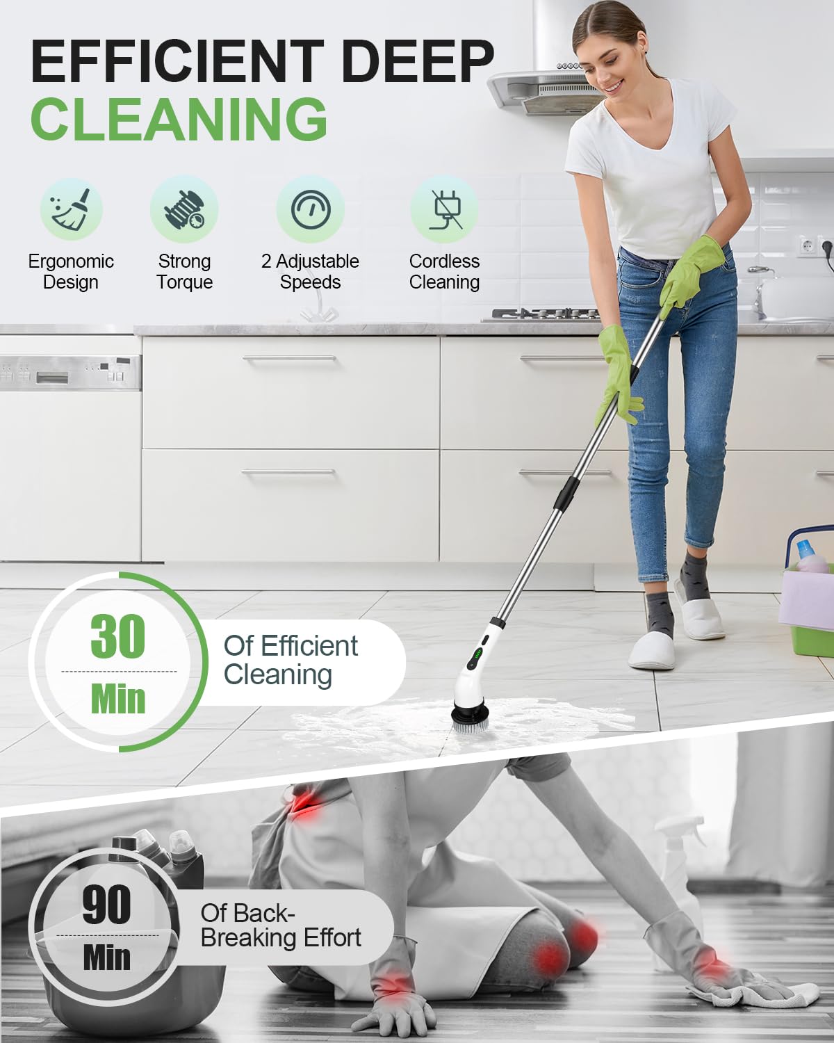 Electric Spin Scrubber, Cordless Cleaning Brush, Shower Scrubber IPX7 Waterproof Bathroom Scrubber, Adjustable Extension Handle, Floor Polishers 7