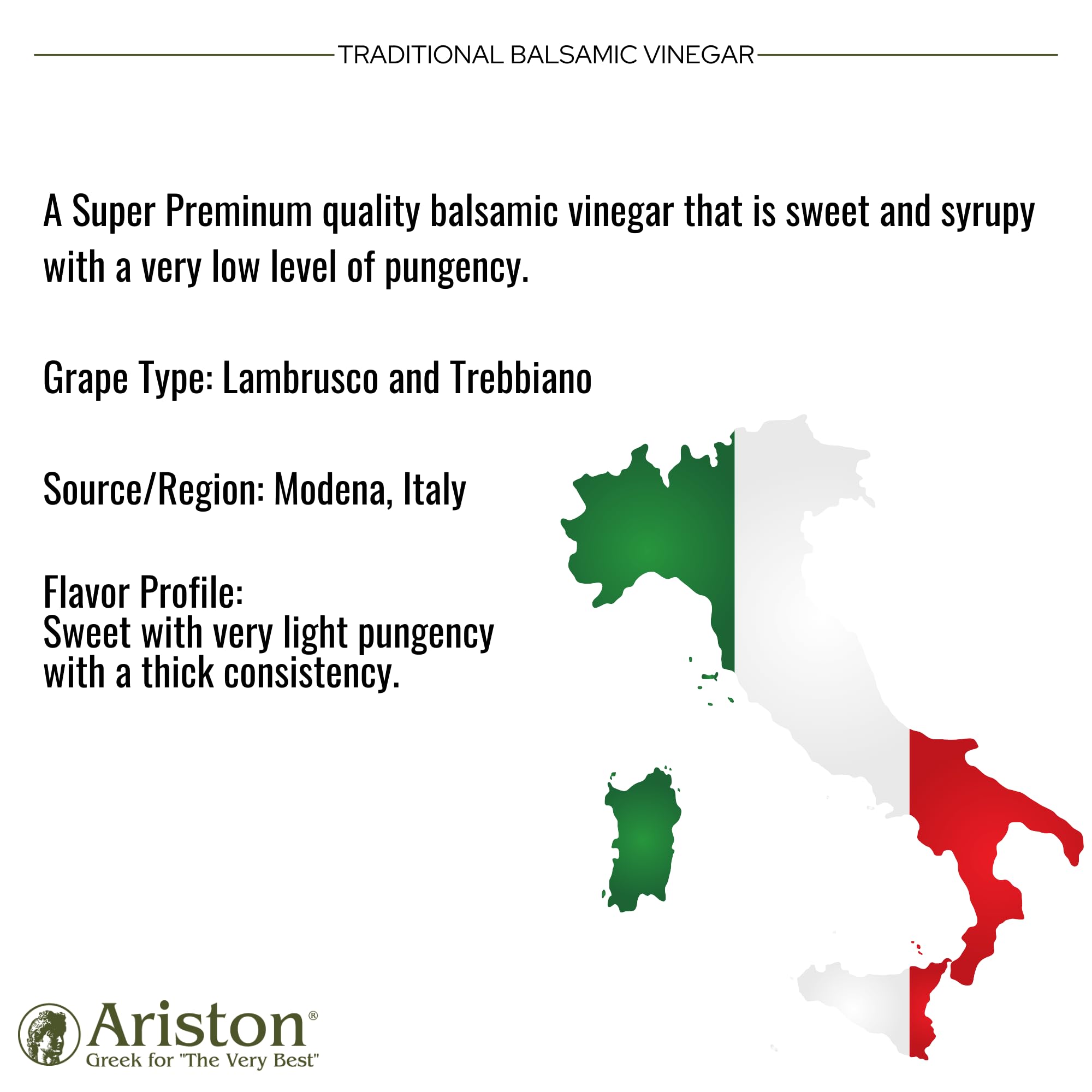 Ariston "The Very Best" Premium Balsamic Vinegar - Barrel Aged, Gourmet Quality, Product of Italy - Vegan, Gluten Free, GMO Free, No Added Sugar