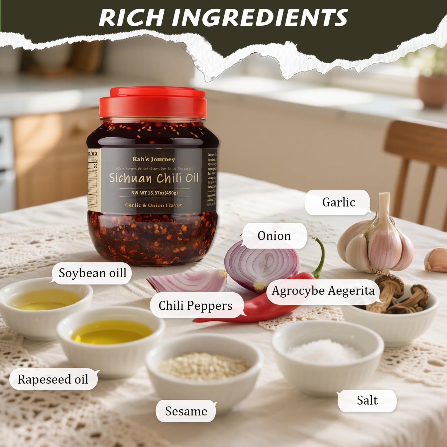 Kah's Journey Chili Oil - 15.87oz (450g) Spicy Chili Crisp with Crunchy Garlic and Onion Flavor, Vegan, Sugar Free Chili Sauce