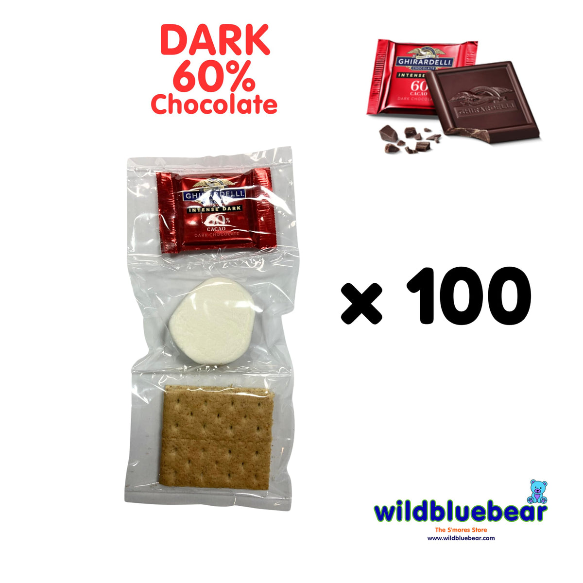 WBB | SMORES KIT STRIP | Individually packaged set : Graham Crackers, Marshmallow, Chocolate | Make delicious smores (100 sets) (Dark 60% Chocolate)