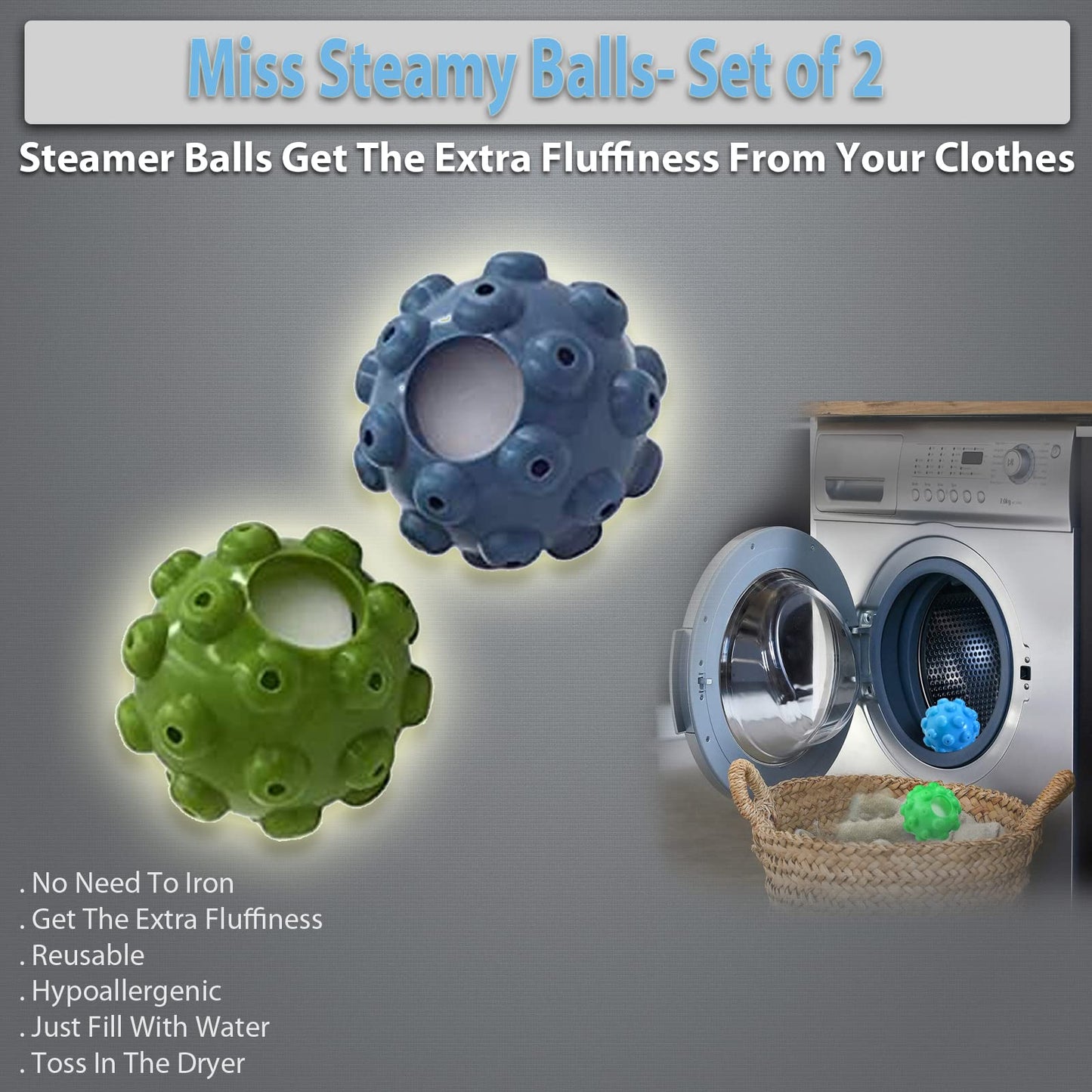 Miss Steamy Dryer Balls Fabric Softener Reusable Shorten Drying Time Reduces Wrinkles - Set of 2