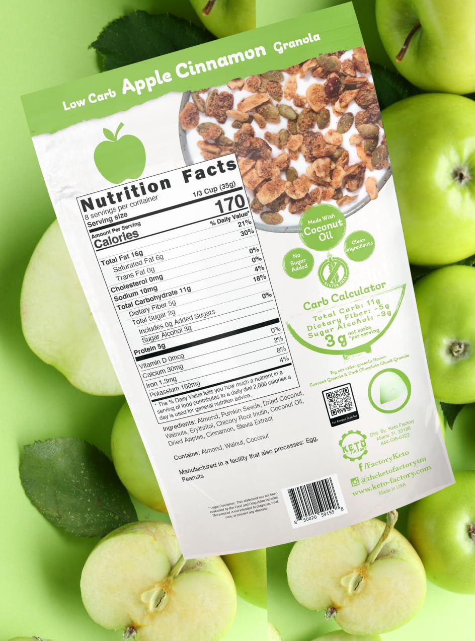Keto Factory Apple Cinnamon Granola - 3g Net Carbs, Gluten Free, Diabetic Friendly Keto Snacks for Adult - No Added Sugar, Crunchy, and Nutrient Dense