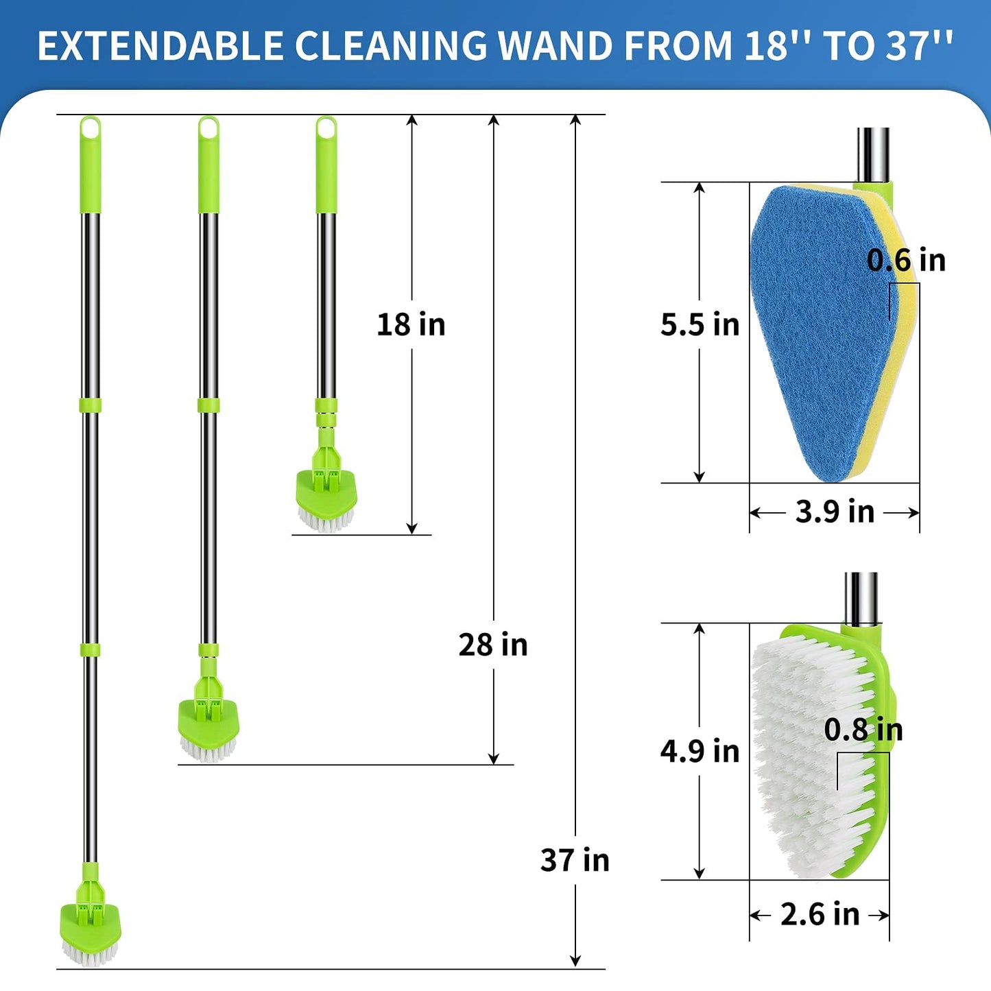 JDNOZW 2 in 1 Scrub Cleaning Brush with 37” Long Extendable Handle,1 Stiff Bristle and 3 Sponge Brushes, Lightweigh Detachable Shower Scrubber