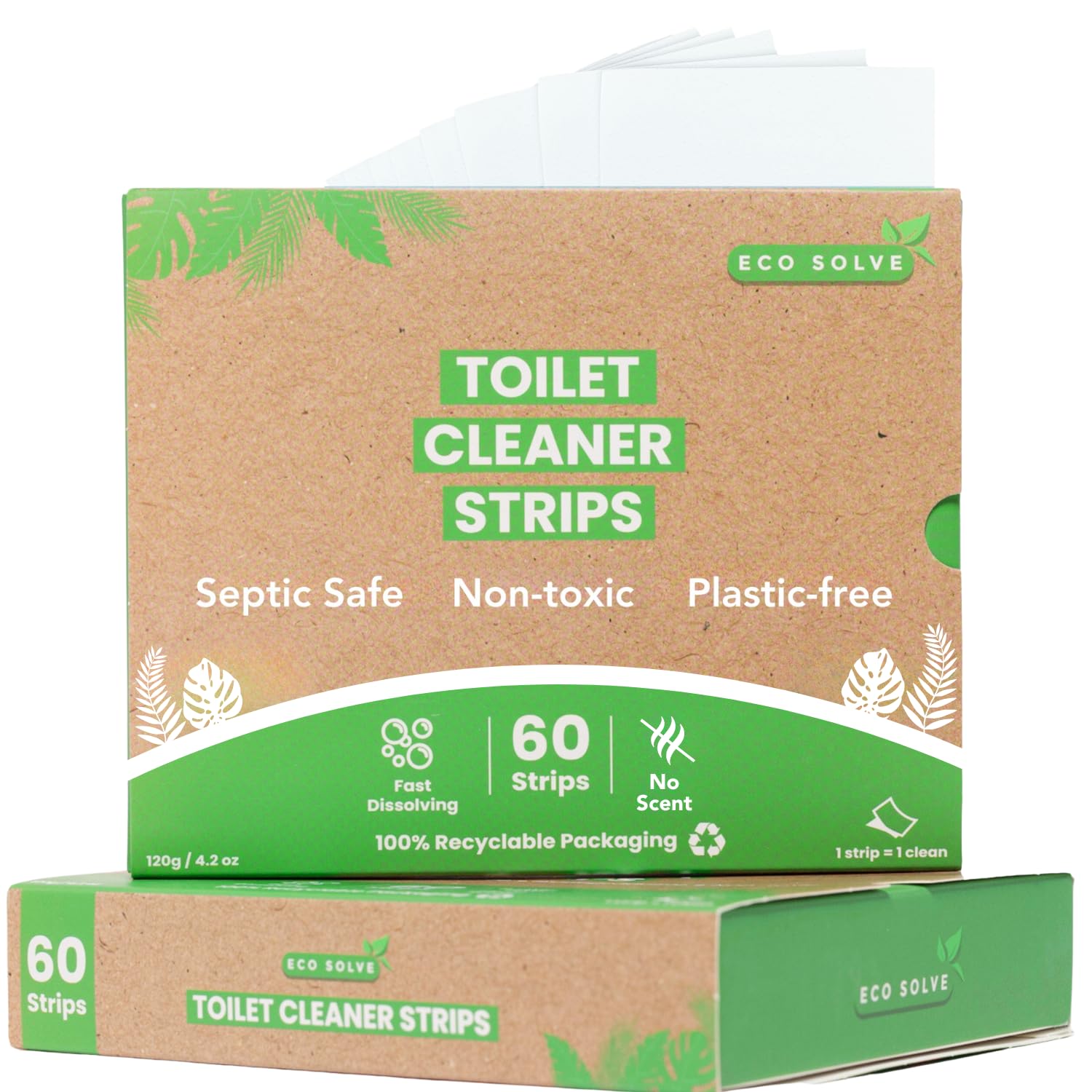 Eco Solve Toilet Bowl Cleaner Strips 60 Count, Unscented Eco-friendly, Non-toxic, Septic Safe, Removes Odors & Stains, Plastic-free, Natural Toilet