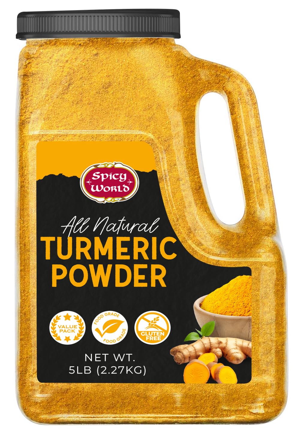 Spicy World Turmeric Powder 5 LB Jar - Gluten Free, Bulk Turmeric with Curcumin, Ground Haldi Spice for Cooking, Pure Curcuma Longa, Non-GMO
