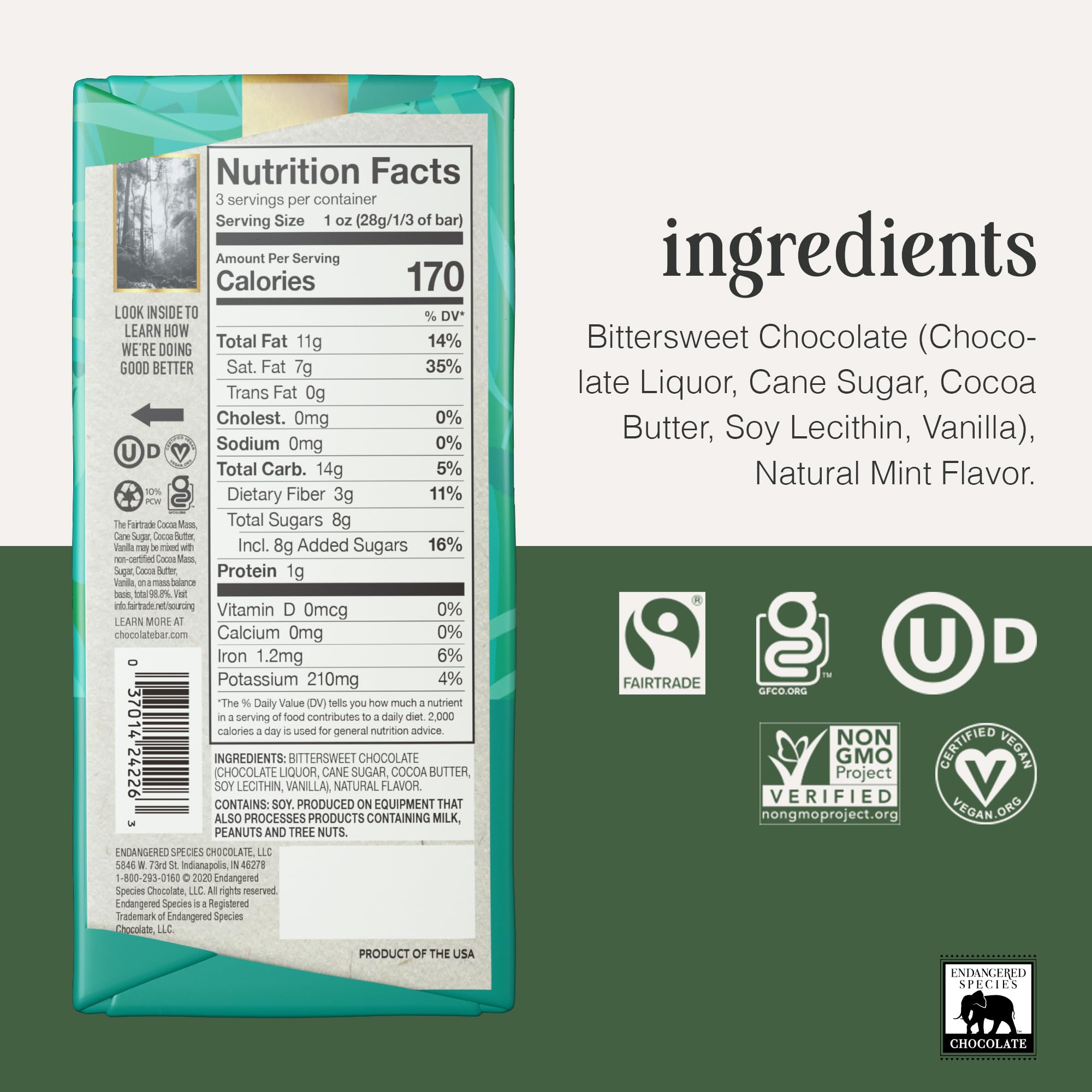 Endangered Species Dark Chocolate Bar with Cacao Nibs (72% cocoa)