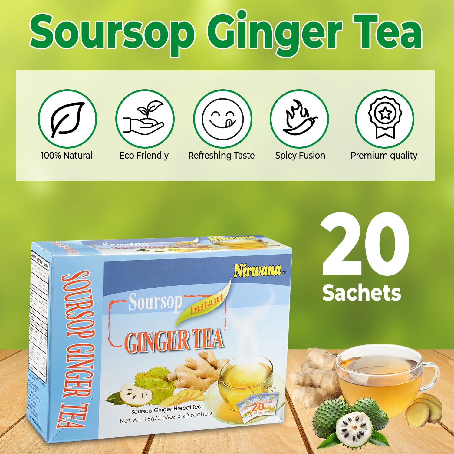 Soursop Ginger Tea - Refreshing Herbal Blend with Cinnamon & Lemon - Loose Leaf or Tea Bags 20 sachets Instant Tea