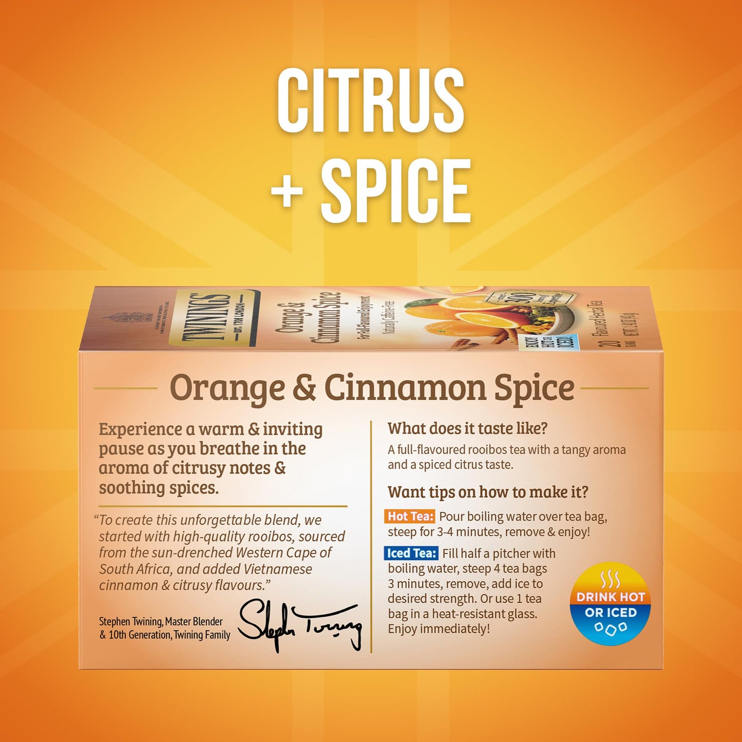 Twinings Orange & Cinnamon Spice Herbal Tea Individually Wrapped Bags, 20 Count (Pack of 4), Naturally Caffeine-Free, Enjoy Hot or Iced, 80 Teabags