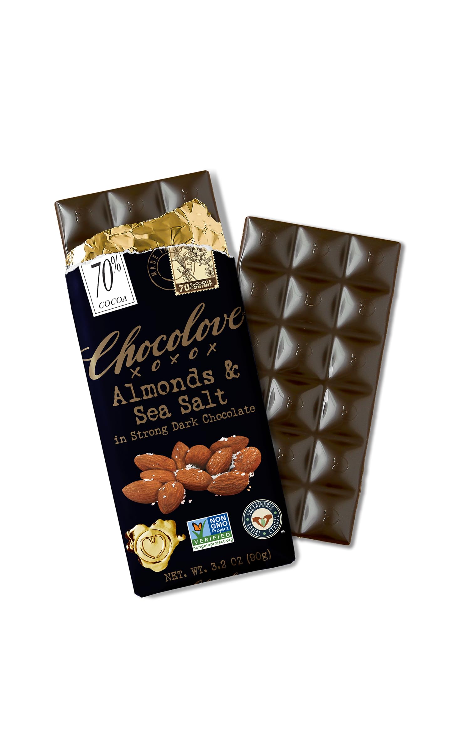 Chocolove, Chocolate Bar Dark Almonds Sea Salt 70%, 3.2 Ounce