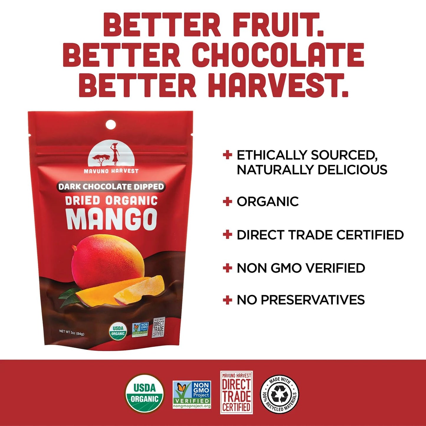 Mavuno Harvest Organic Chocolate Covered Mango - Organic Dried Mango Dipped in Dark Chocolate - Non GMO, Fair Trade, No Preservatives & Vegan