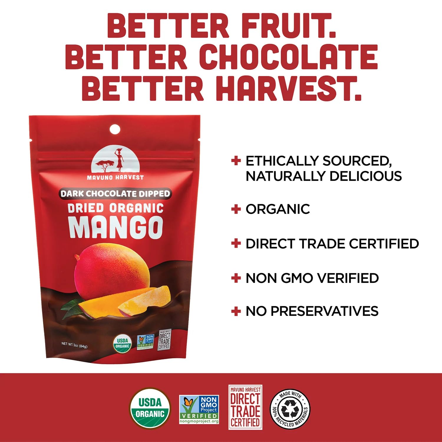 Mavuno Harvest Organic Chocolate Covered Mango - Organic Dried Mango Dipped in Dark Chocolate - Non GMO, Fair Trade, No Preservatives & Vegan