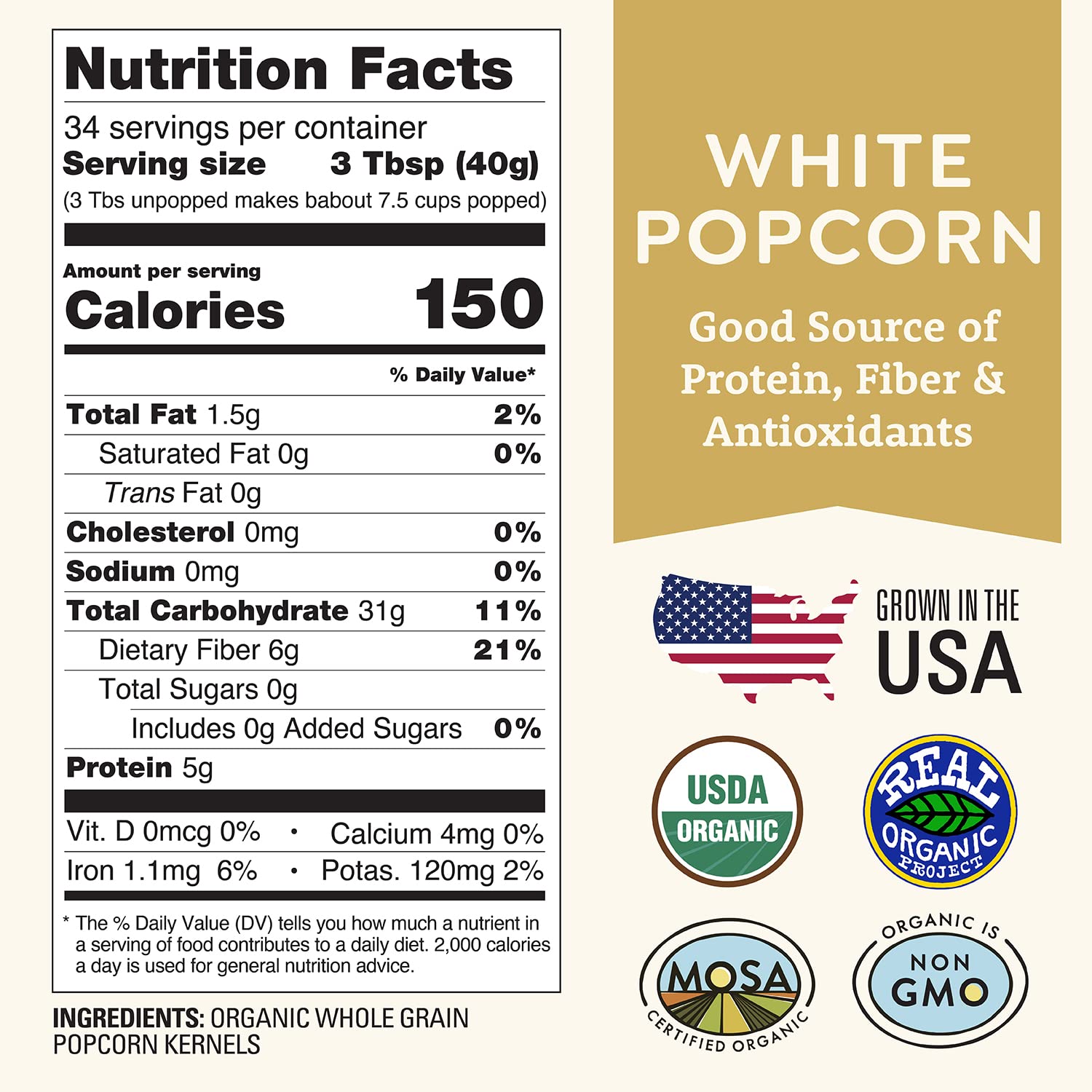Organic White Popcorn Kernels Unpopped 3 lb - Healthy, Non-GMO, Gluten-Free, Unsalted, Pesticide-Free, Chemical-Free, Glyphosate-Free, Grown in