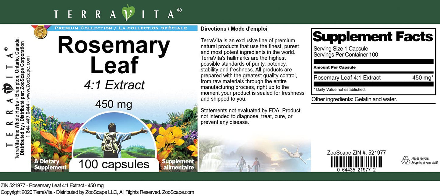 Rosemary Leaf 4:1 Extract - 450 mg (100 Capsules, ZIN: 521977)