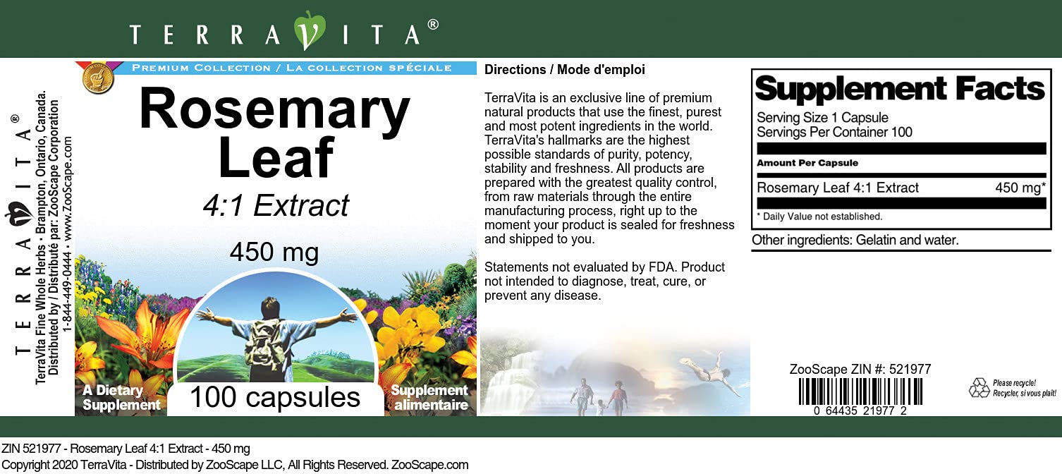 Rosemary Leaf 4:1 Extract - 450 mg (100 Capsules, ZIN: 521977)