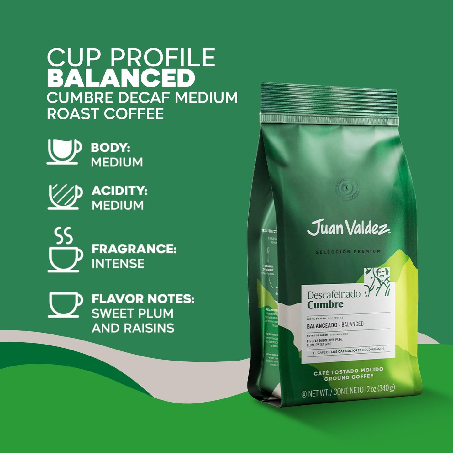 Juan Valdez Cumbre Decaffeinated Ground Coffee - Balanced Roast | 12 oz / 340 g | Decaf With Sweet Plum & Raisin Notes