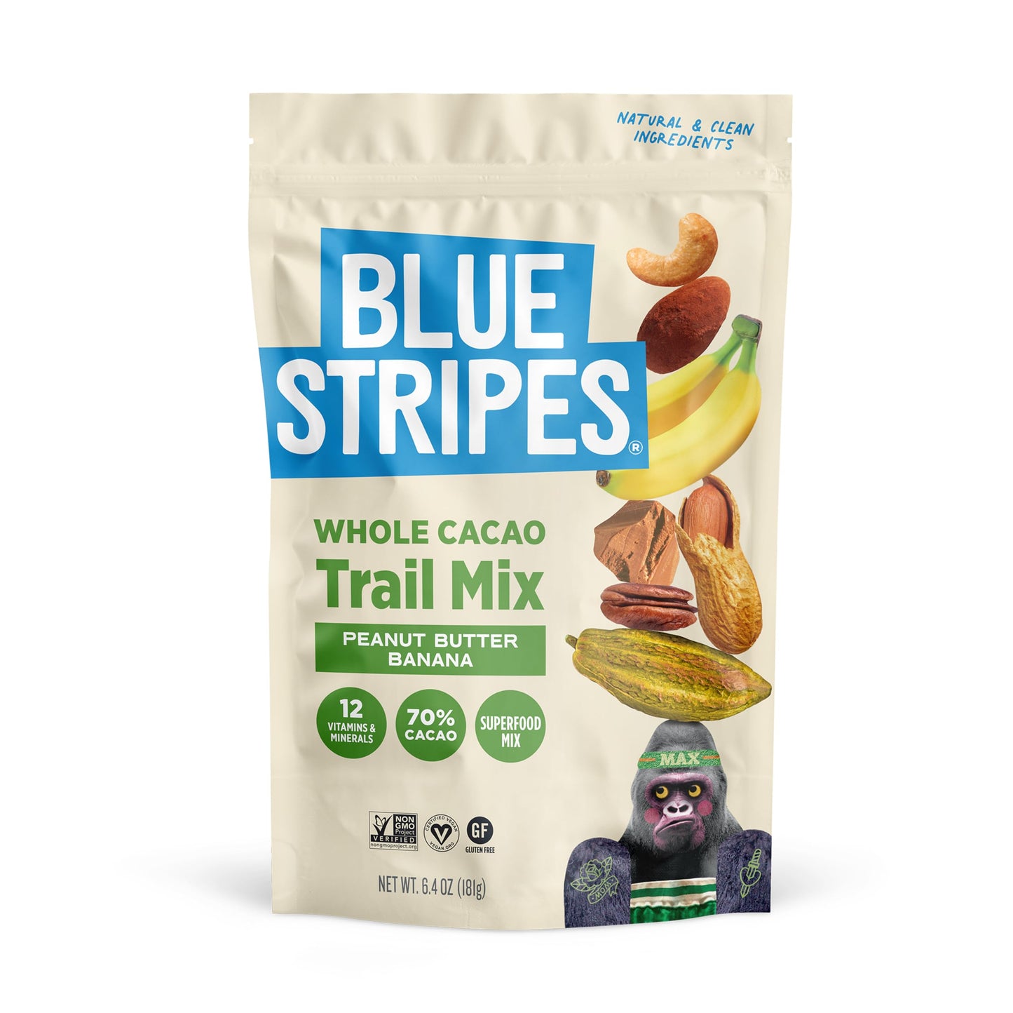 Blue Stripes - Trail Mix, Peanut Butter Banana, Cashews, Peanut Butter Chips, Healthy Snacks for Adults, Whole 70% Cacao, With Unrefined Sugar, Non