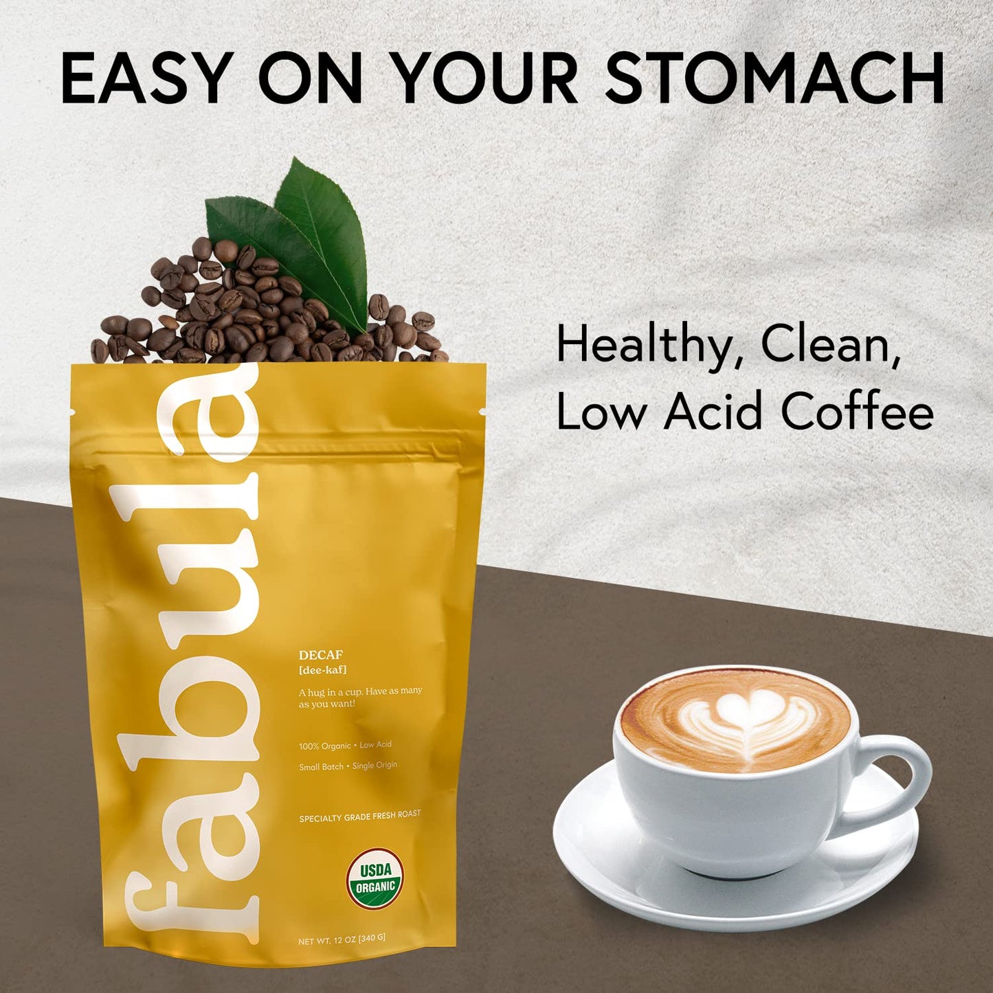 Fabula Organic Decaf Coffee Beans - Swiss Water Process - Low Acid Whole Bean Coffee - Medium Roast - Mold Free, Non-GMO & Single Origin - 12 oz