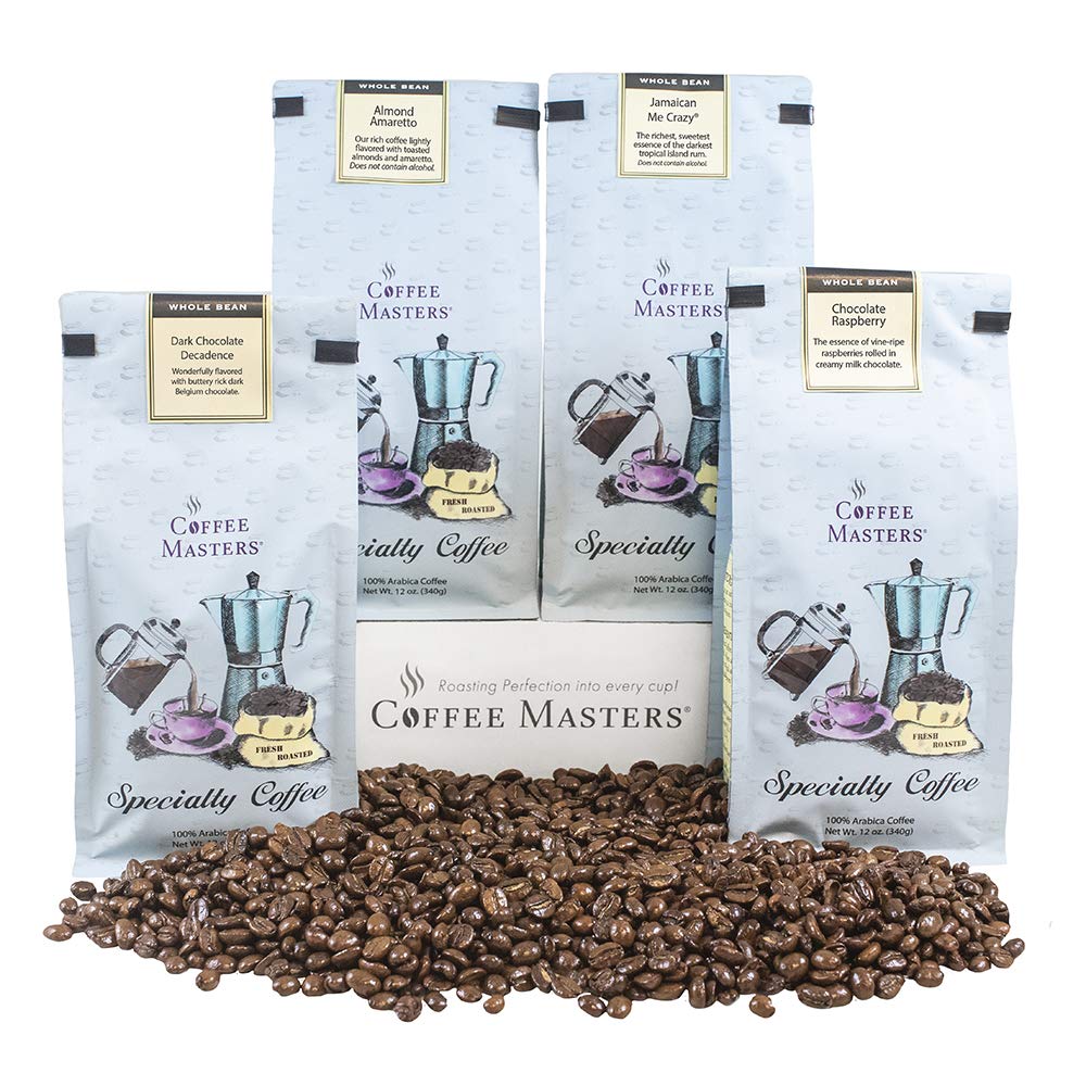 Coffee Masters Whole Bean Coffee Sampler, Jamaican Me Crazy, Vanilla Nut Creme, Caramel Kiss, Highlander Grogg, 48 Ounce