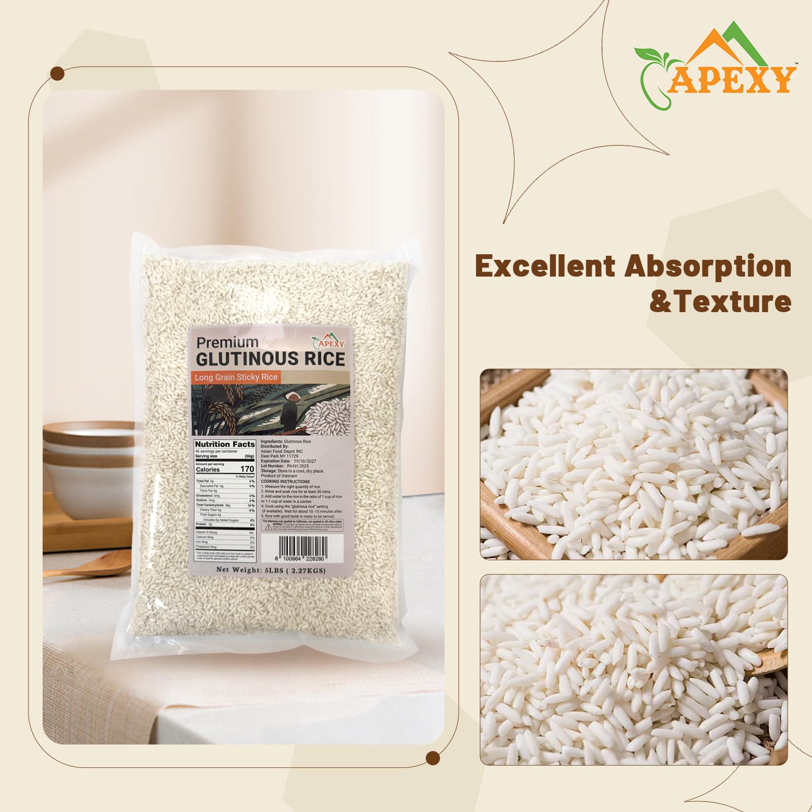 Apexy Premium Long Grain Sweet Rice 5 lb - Glutinous Sticky Rice, Non-GMO | Perfect for Asian Desserts, Sushi, Dumplings & Sticky Rice Dishes | Soft, Chewy Texture