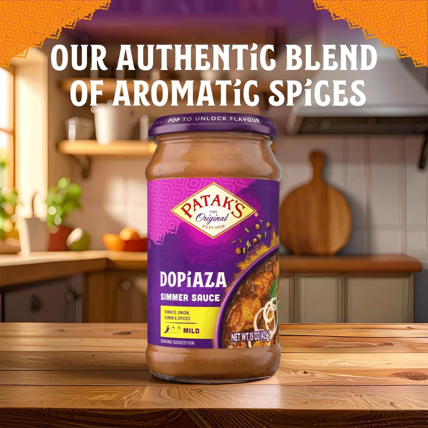 Patak’s Dopiaza Simmer Sauce - Tomato-Based Curry Sauce with Sweet & Sharp Onion Flavor - Gluten-Free & Vegan Indian Sauce - Perfect for Quick