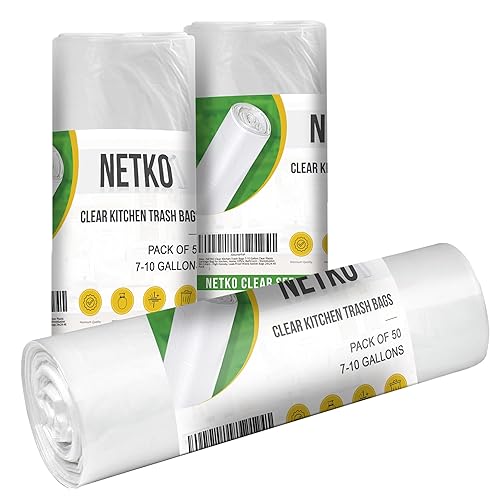 NETKO Clear Kitchen Trash Bags 7-10 Gallon Clear Plastic Garbage Bag for Kitchen, Home, Office, Bathroom - Wastebasket Bin Liners - High Density