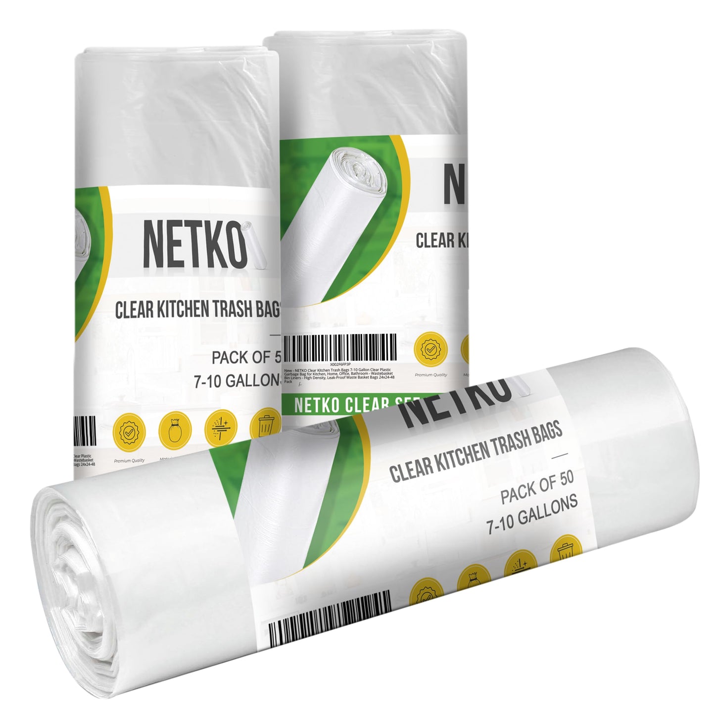 NETKO Clear Kitchen Trash Bags 7-10 Gallon Clear Plastic Garbage Bag for Kitchen, Home, Office, Bathroom - Wastebasket Bin Liners - High Density