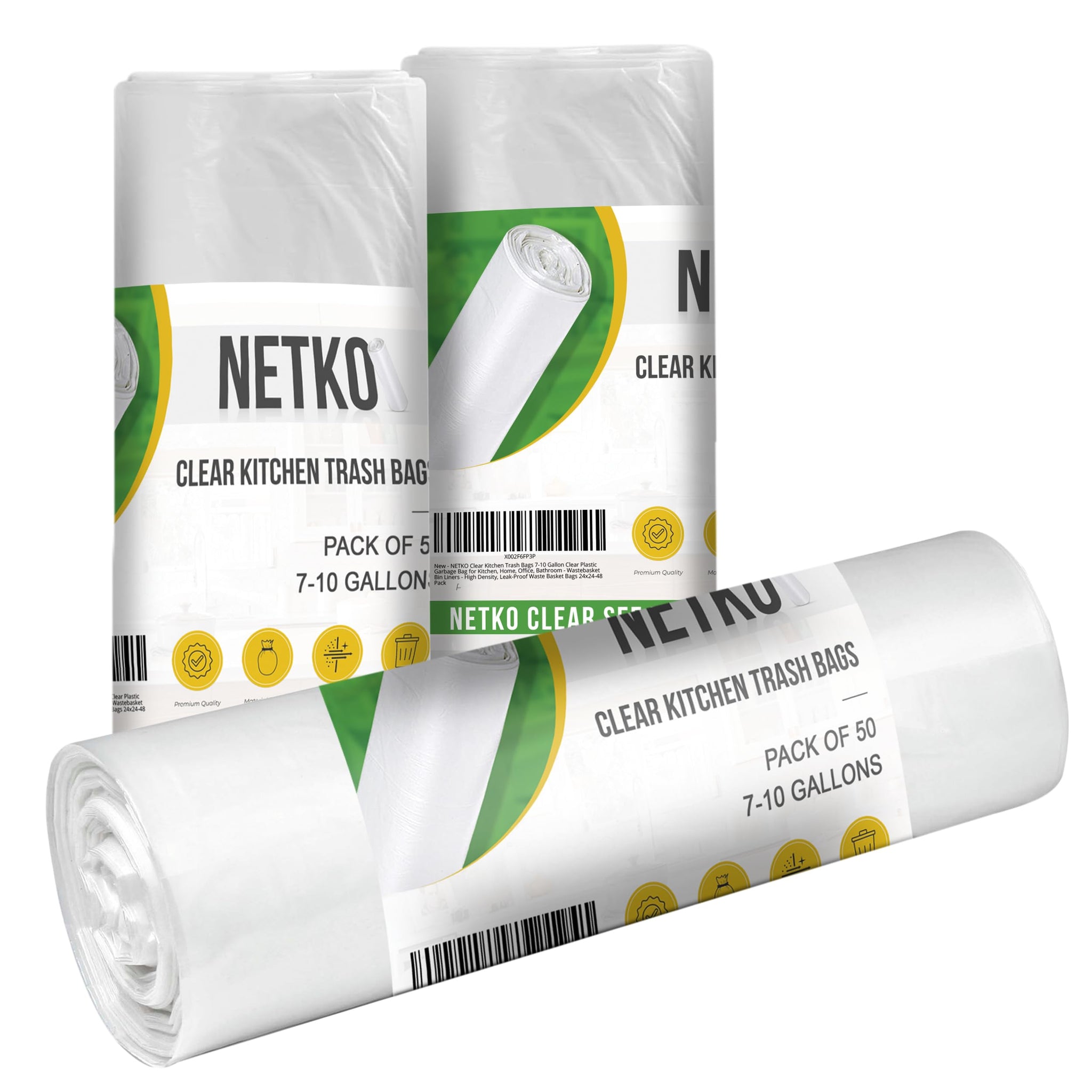 NETKO Clear Kitchen Trash Bags 7-10 Gallon Clear Plastic Garbage Bag for Kitchen, Home, Office, Bathroom - Wastebasket Bin Liners - High Density