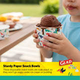 Glad for Kids Mini Dinosaurs Paper Snack Bowls, Colorful Heavy Duty Microwave Safe Disposable Bowls for Soup, Ice Cream, and Snacks, Lids Not