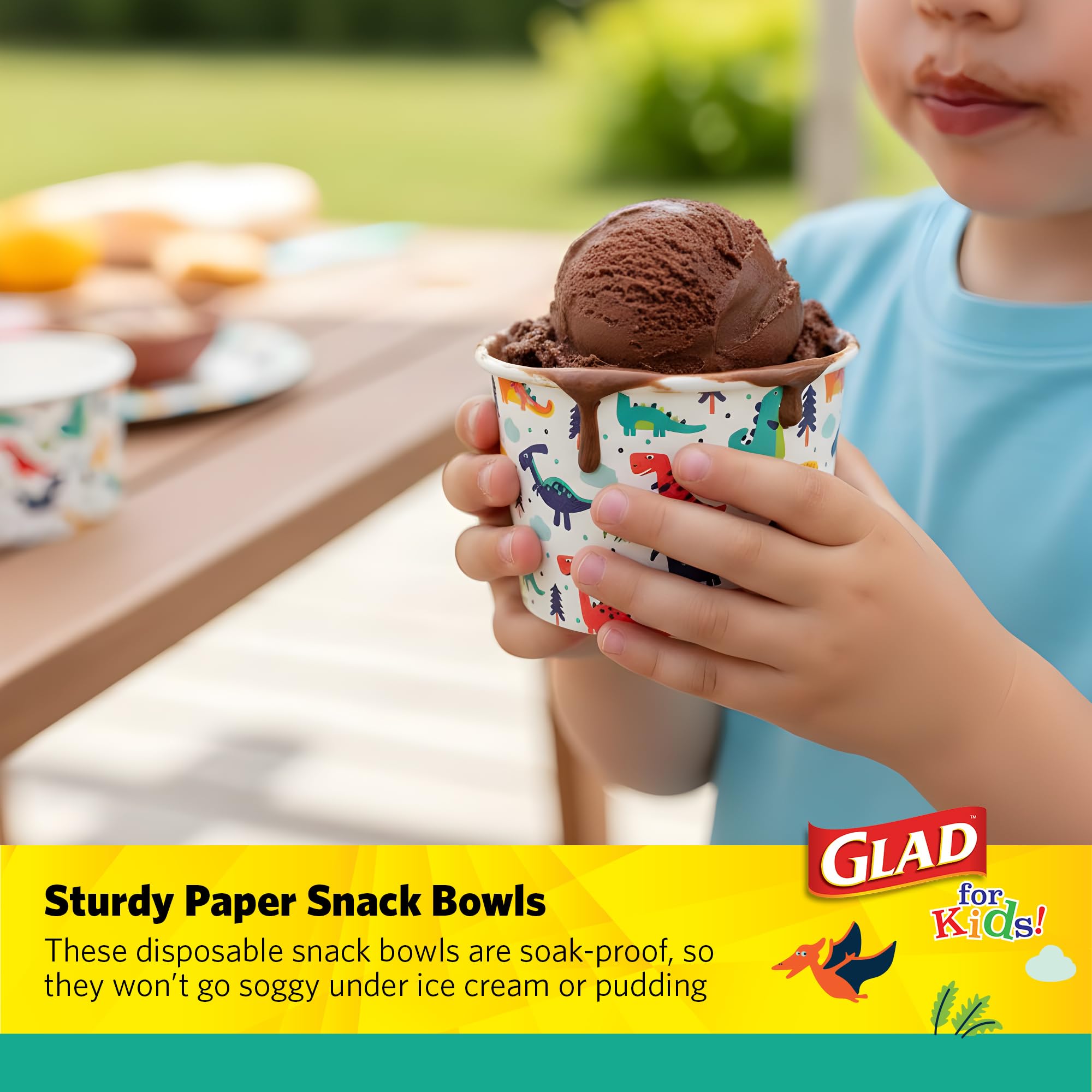 Glad for Kids Mini Dinosaurs Paper Snack Bowls, Colorful Heavy Duty Microwave Safe Disposable Bowls for Soup, Ice Cream, and Snacks, Lids Not