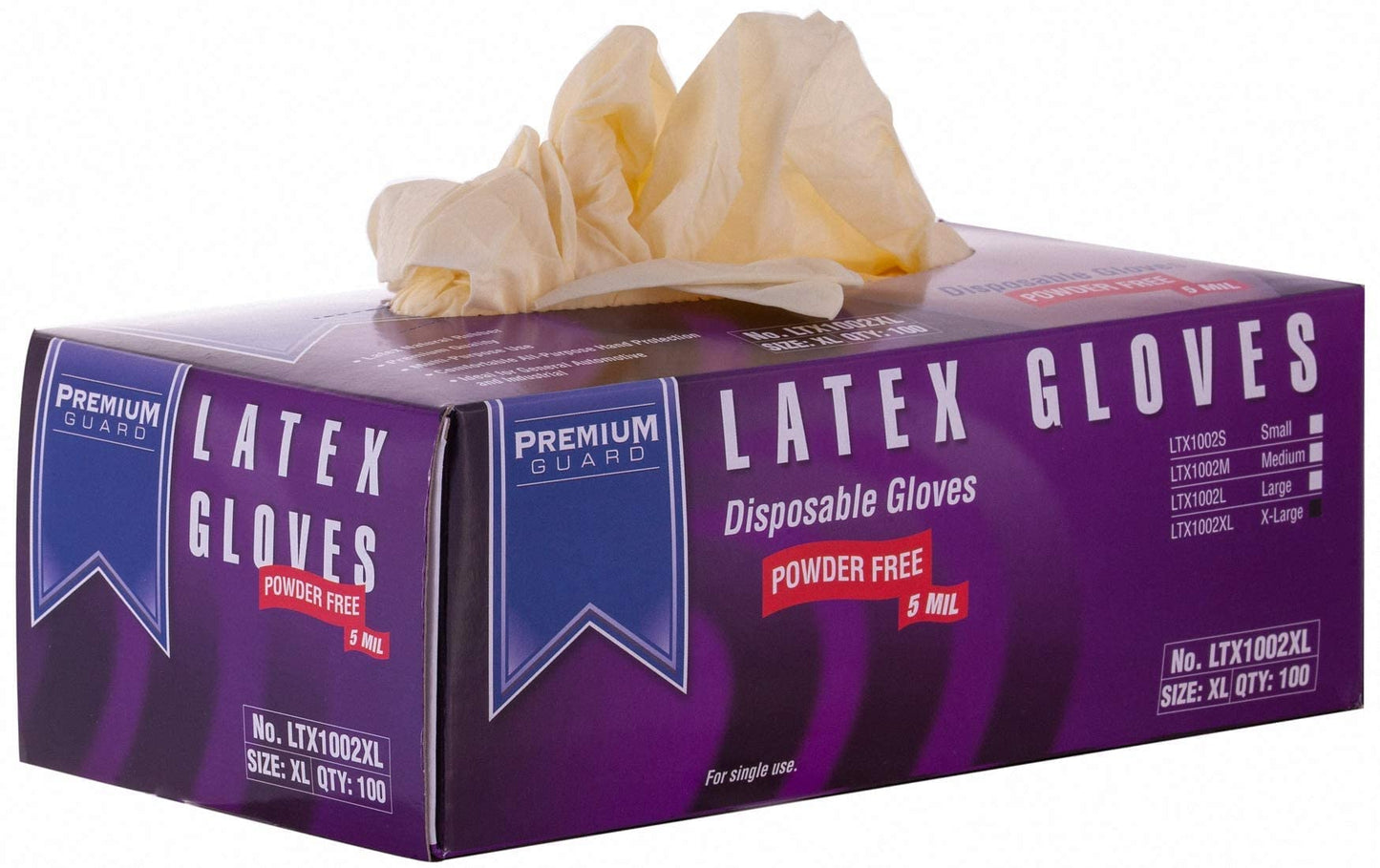 Premium Guard - Disposable Latex Gloves, Powder Free, 100 gloves per Box, Size - XL