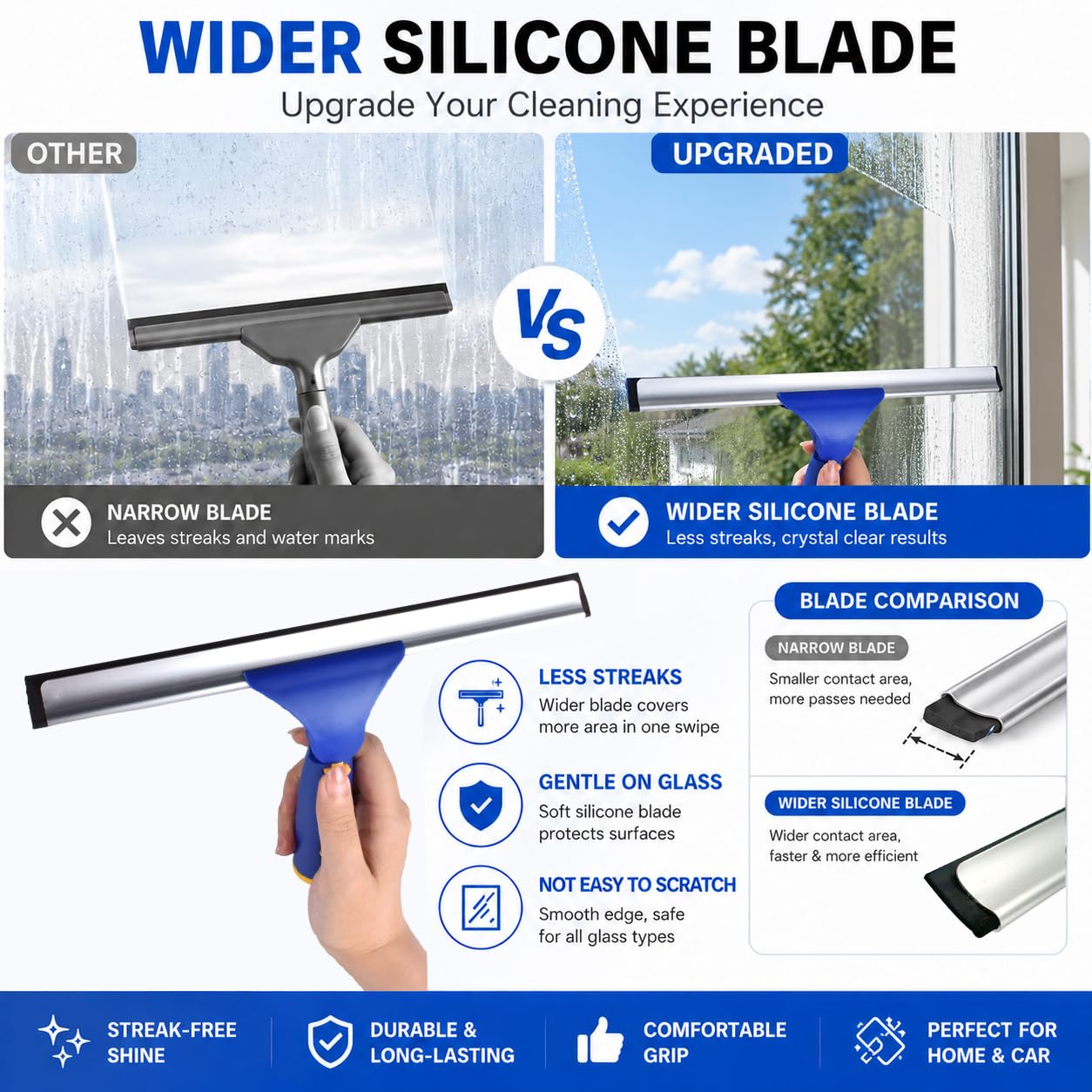 ITTAR Window Squeegee Cleaning Kit with 60 Inch Extension Pole, Glass Cleaner Tool 12" Rubber Blade & 2 Microfiber Pads, Window Washing Equipment
