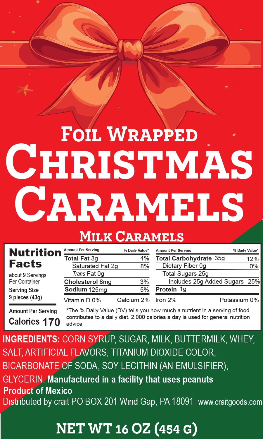Caramel Candy Individually Wrapped Foil Wrapped Caramels Red, Green and Silver, Individually Wrapped Candy 16 Ounce