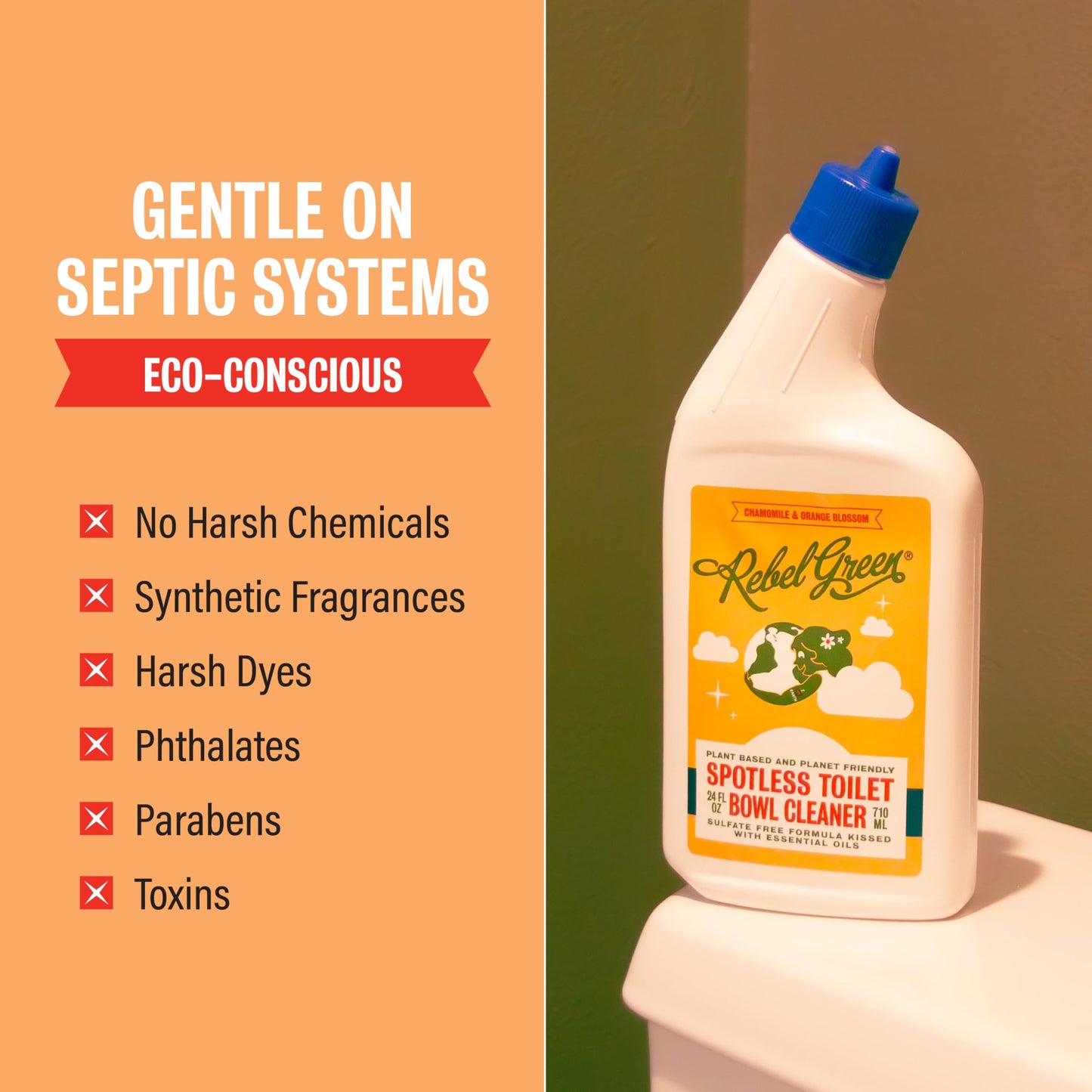 Rebel Green Spotless Toilet Bowl Cleaner - Natural, Plant-Based, Organic, Eco-Friendly, Non-Toxic Bathroom Cleaner, Chamomile Orange Blossom Scent