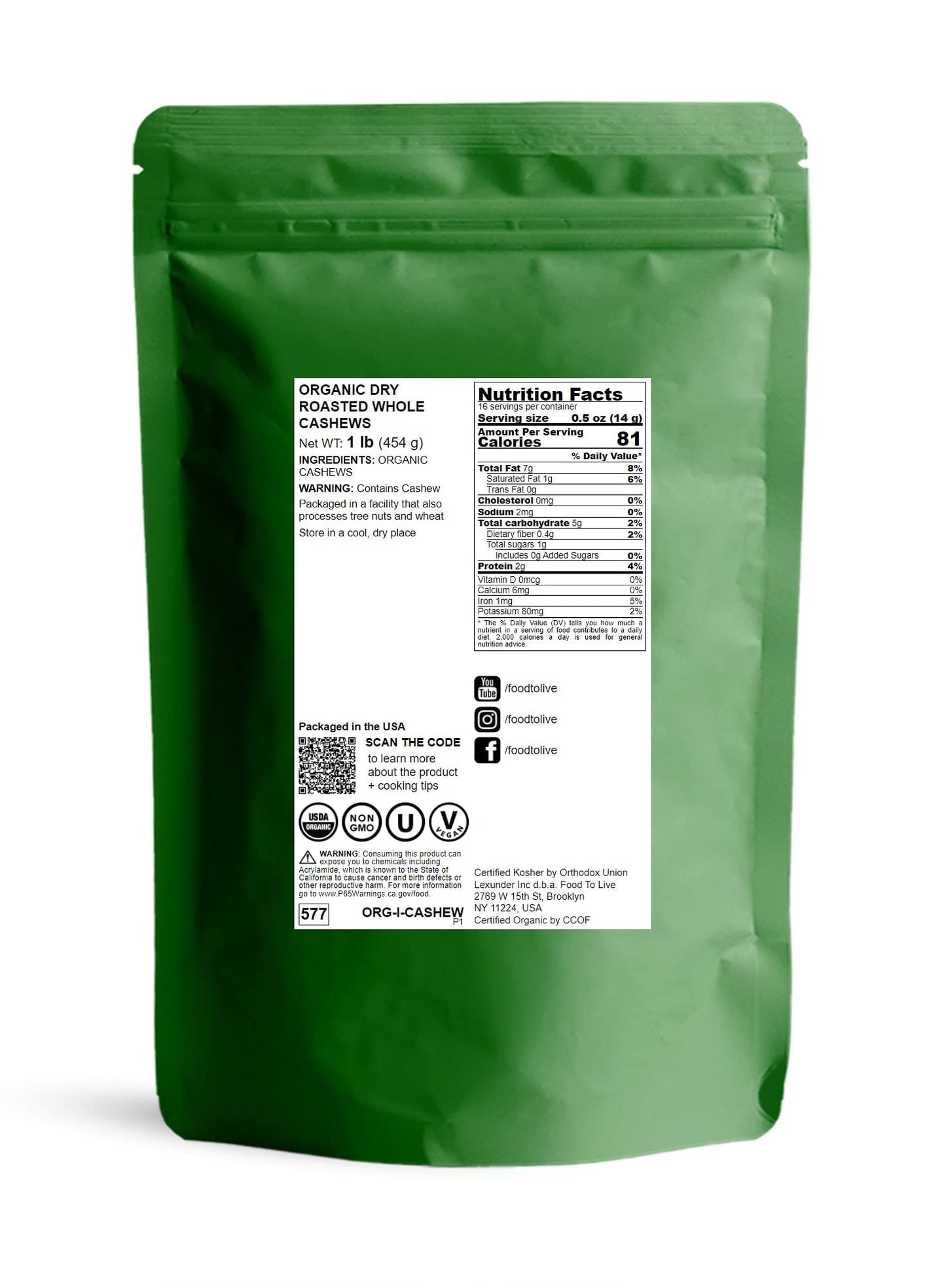 Food to Live Organic Dry Roasted Whole Cashews with Himalayan Salt, 1 Pound Non-GMO, Oven Roasted and Lightly Salted Nuts, No Oil Added, Vegan
